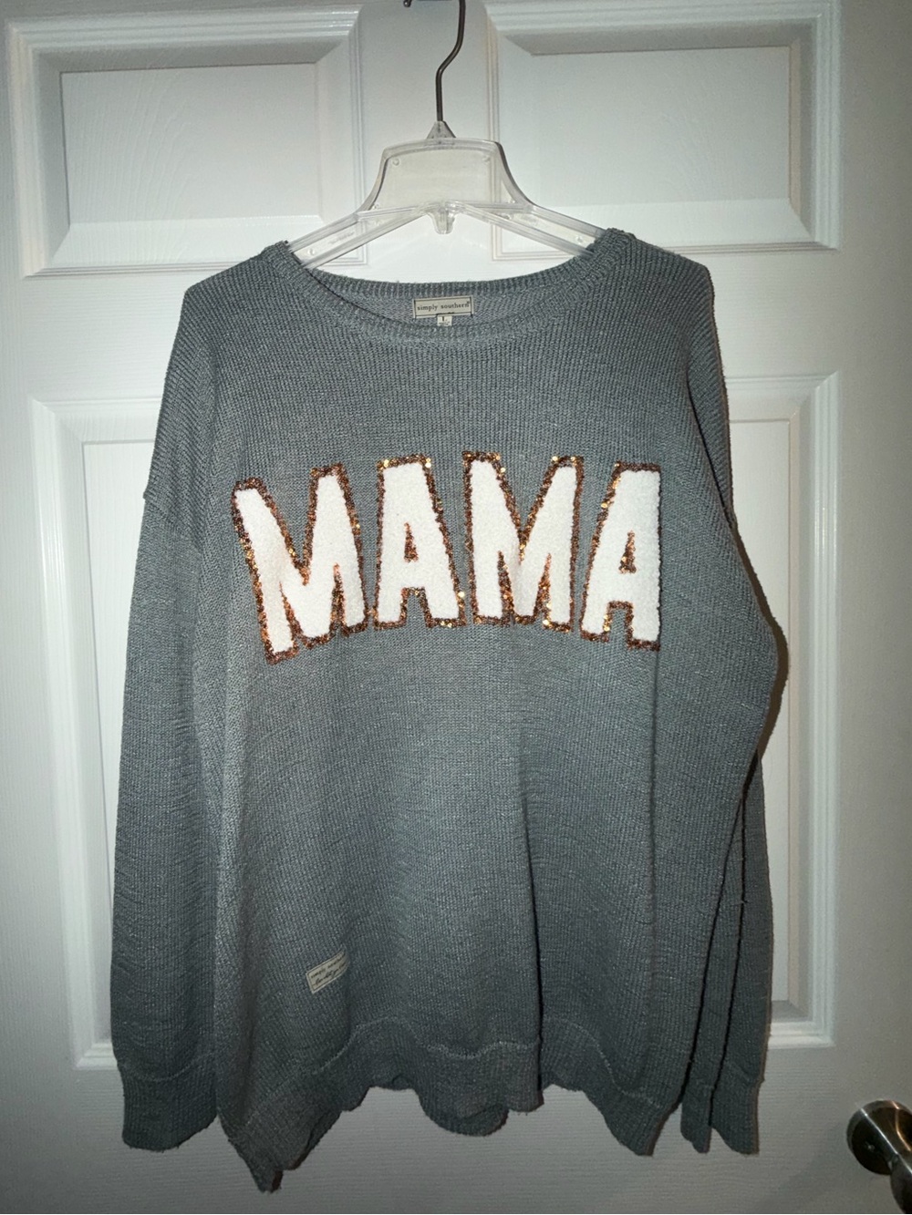 Simply Southern Gray 'MAMA' Crewneck Sweater with Sequin Trim